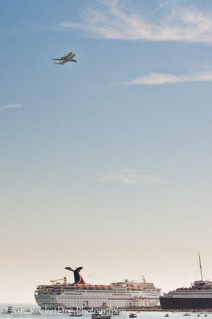 Flying over the Carnival Cruise Line ship heading toward the Queen Mary.